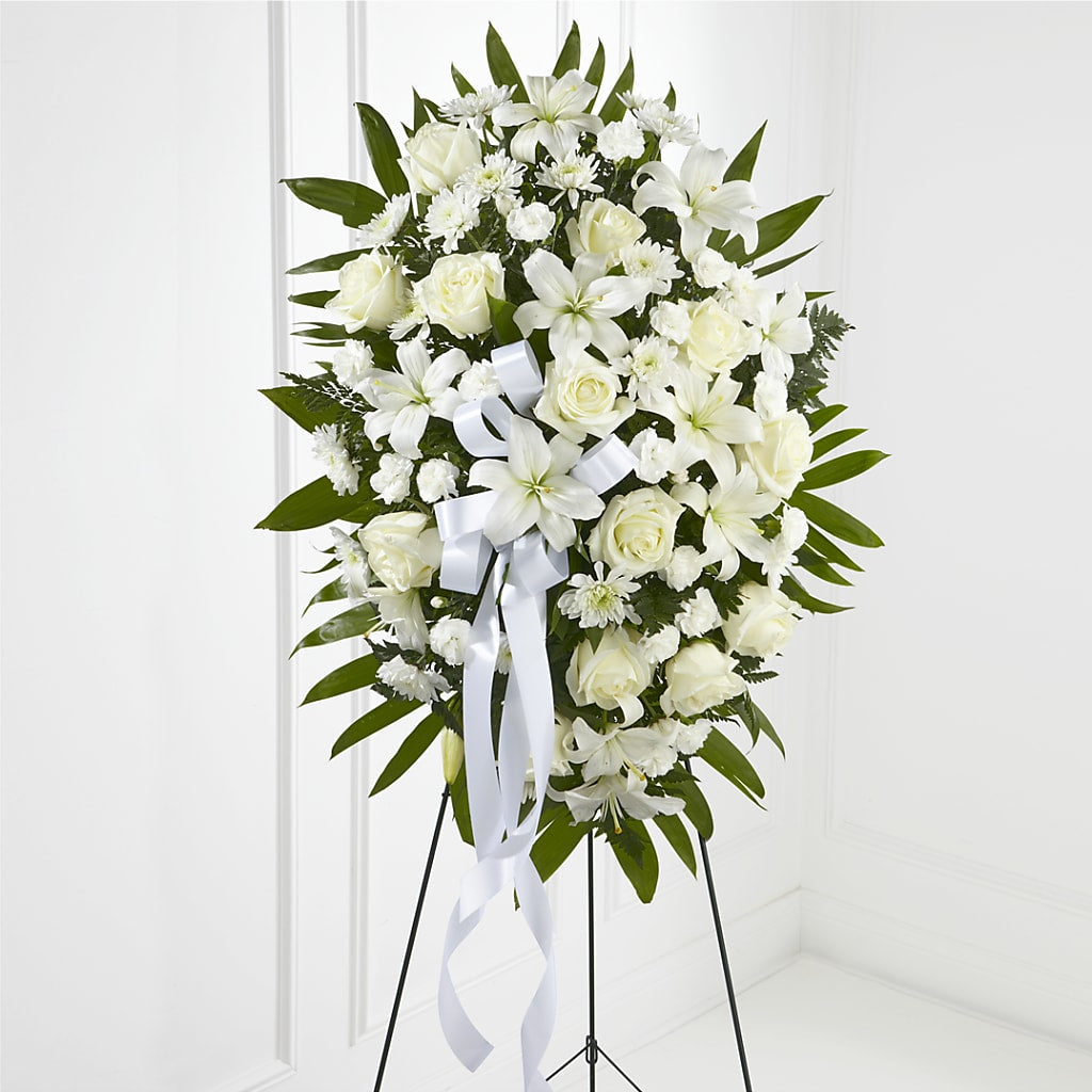 Exquisite Tribute Standing Spray-White Ribbon – Pukalani Floral, Paia HI