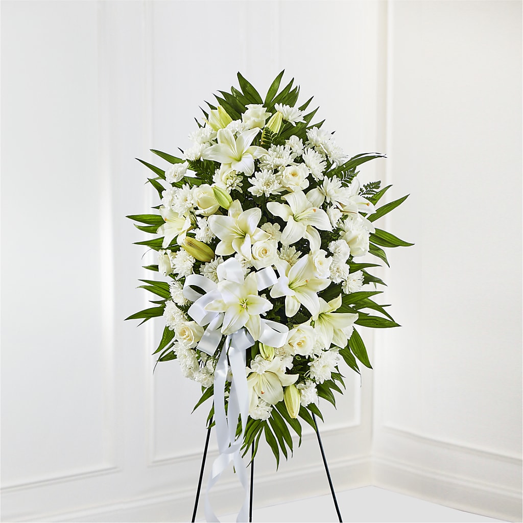 Exquisite Tribute Standing Spray-White Ribbon – Pukalani Floral, Paia HI