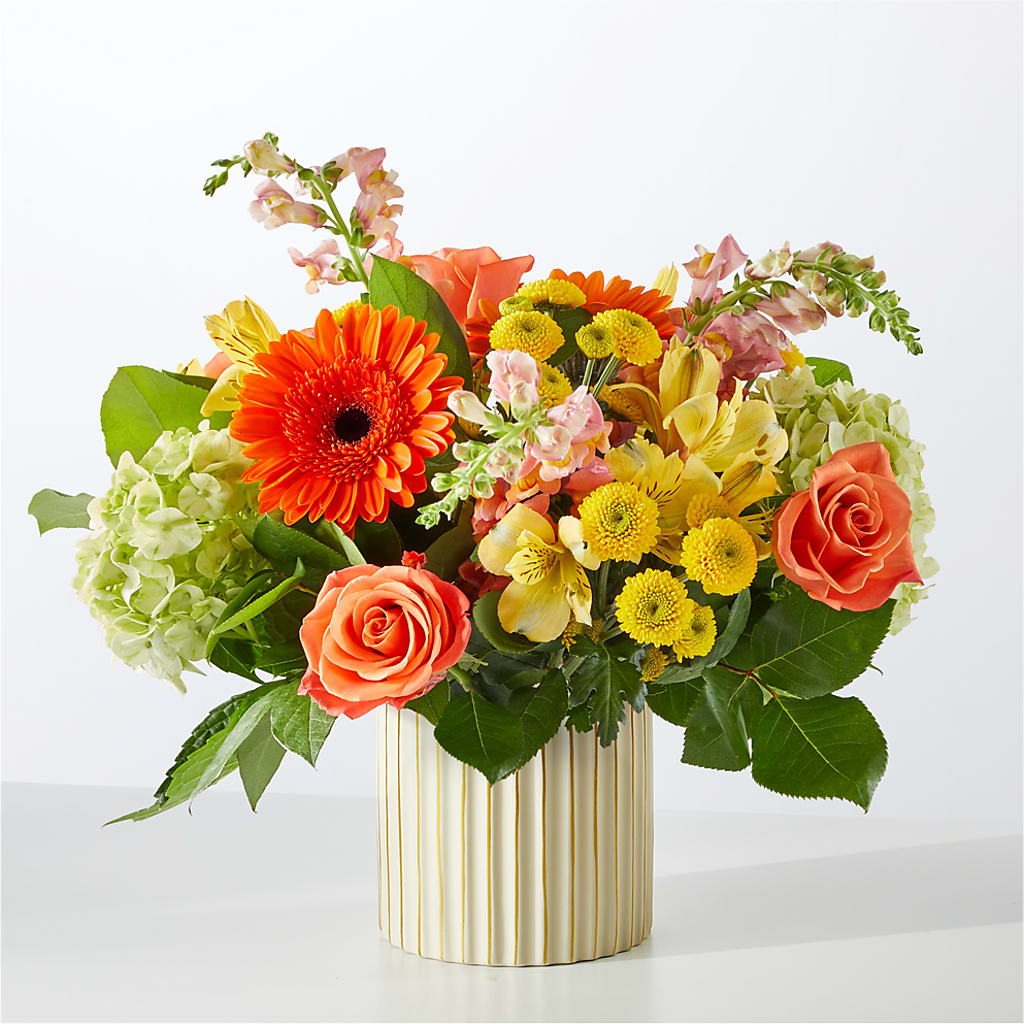 Autumn Sunshine Bouquet with Ivory Vase –  Pukalani Floral, Paia HI